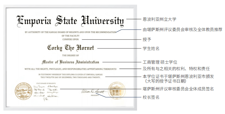 美國恩波利亞州立大學(xué)MBA項目五期班證書樣本